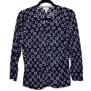Garnet Hill 100% Merino‎ Wool Cardigan Size M Navy Blue Indigo Print Lightweight